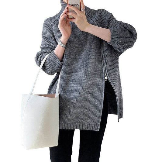 Stylish Plus Size Turtleneck Sweater Coat - Cozy Double-Headed Zipper - Buy Center