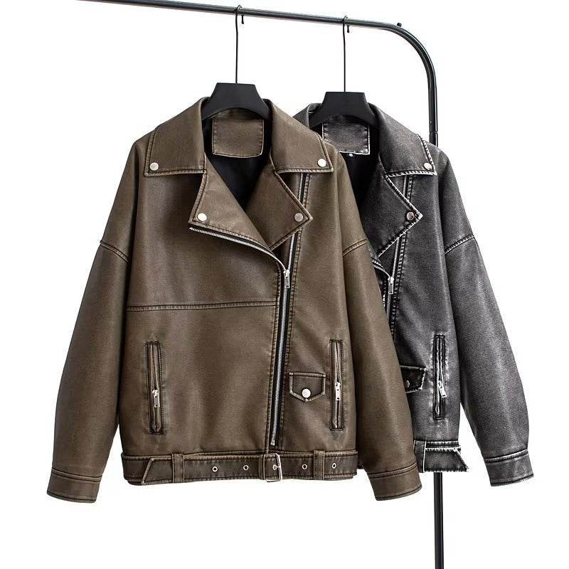 Buycenter Women's Washed PU Leather Jacket - European Style, Milky White - Buy Center