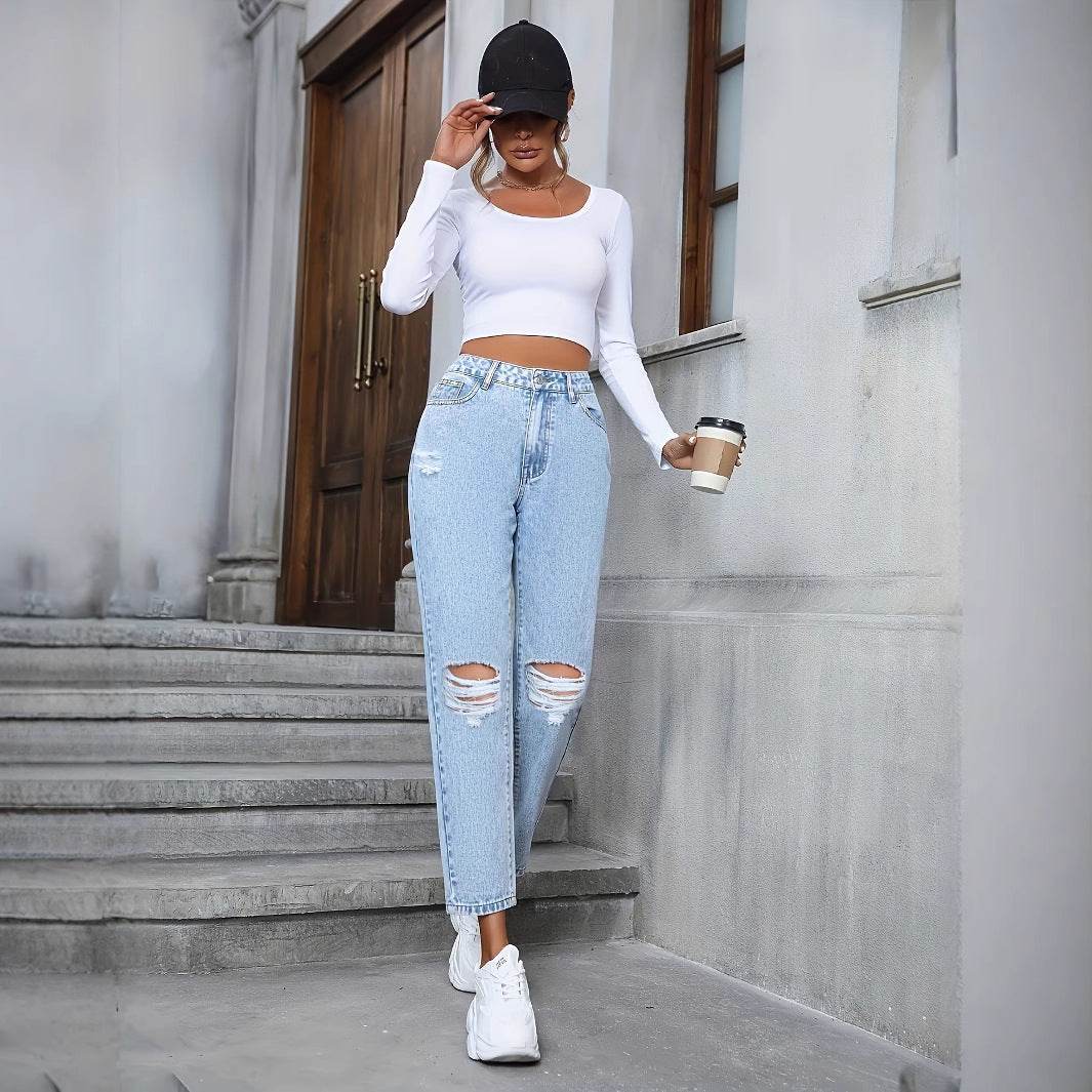Women's Ripped Denim Trousers - Casual Loose Fit for Everyday Style - Buy Center