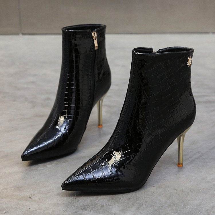 Stone Pointed Patent Leather Stiletto Boots - Waterproof Mid Heel Style - Buy Center