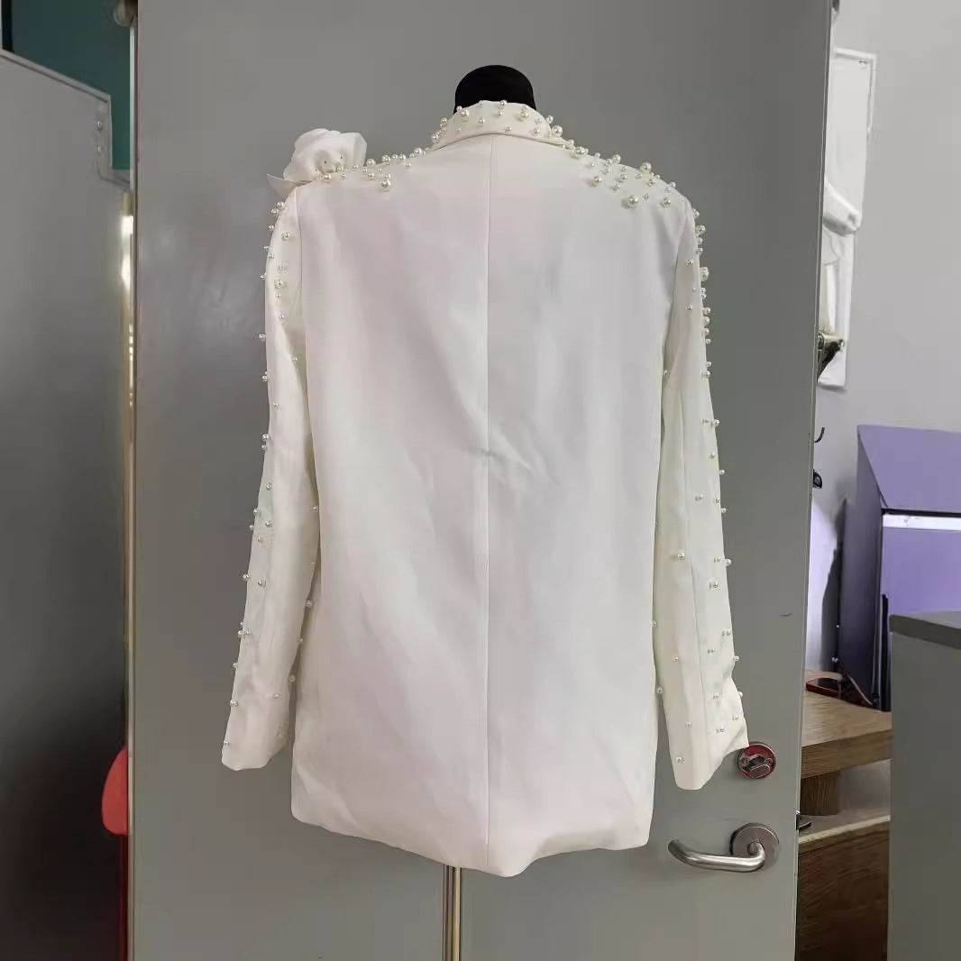 Elegant Beaded Suit Collar Jacket - Three-Dimensional Flower Detail - Buy Center