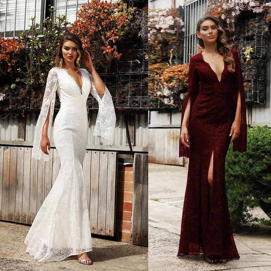 Elegant White Banquet Dress - Slimming Design with Trendy Flying Sleeves - Buy Center