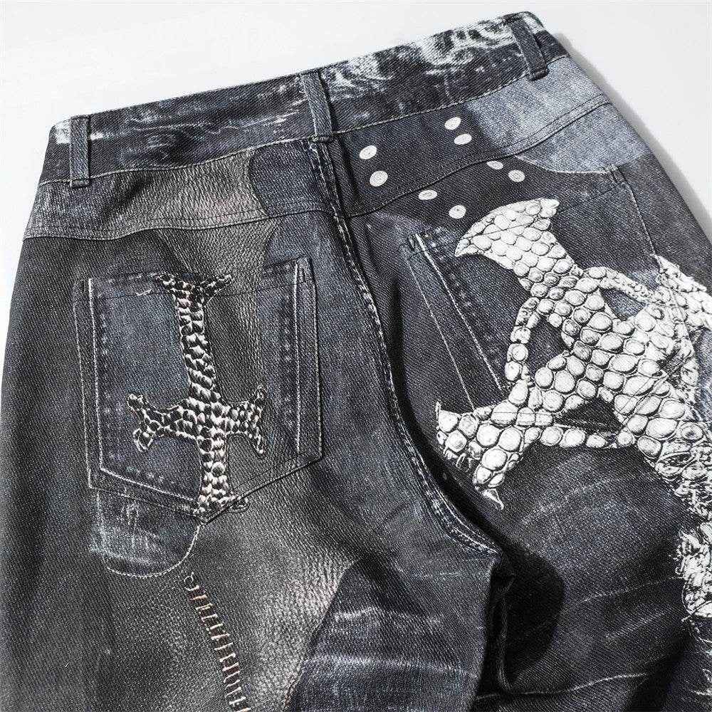 Men's Dark Digital Print Horn Jeans - Stylish Cotton Blend for Comfort