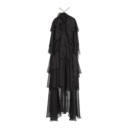 Elegant Lady Patchwork Ruffled Dress - Long Flattering Design for Socialites - Buy Center