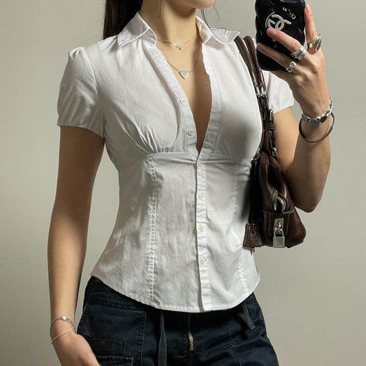 Buycenter Women's Puff Sleeve Polo Shirt - Solid Color Casual Top - Buy Center