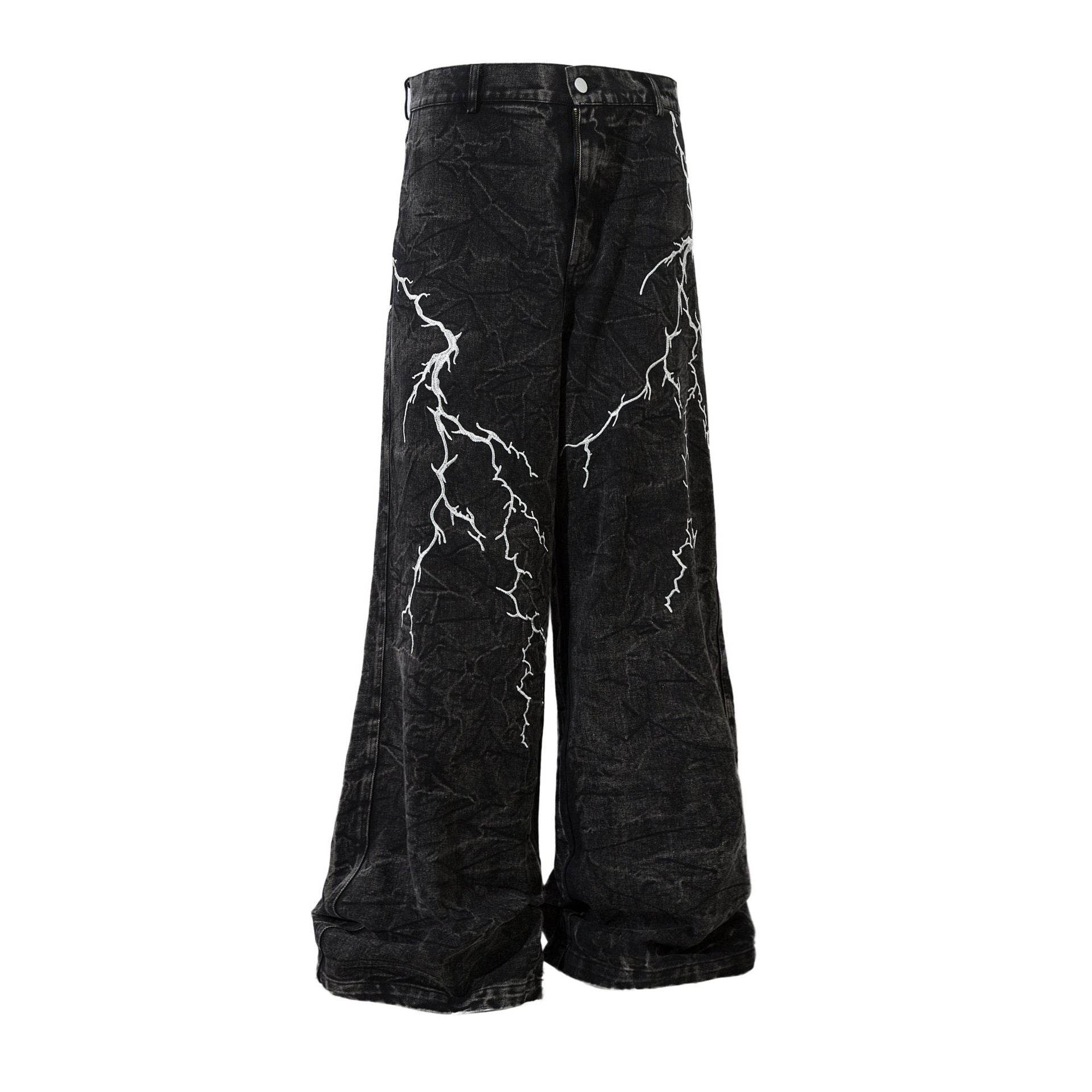 Retro Heavy Industry Loose Jeans - Lightning Embroidery Casual Style - Buy Center