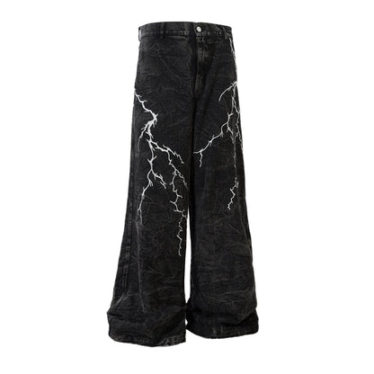 Retro Heavy Industry Loose Jeans - Lightning Embroidery Casual Style - Buy Center