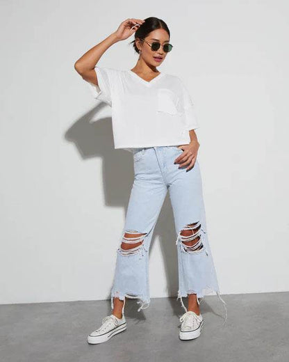 Women's Ripped Cropped Jeans - Casual Loose Fit, Mid Waist Style - Buy Center