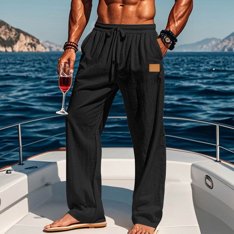 Buycenter Men's Cotton Linen Drawstring Pants - Casual Straight Leg Style - Buy Center