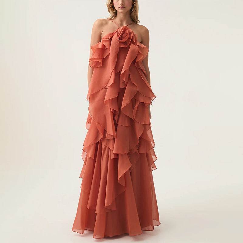 Elegant Lady Patchwork Ruffled Dress - Long Flattering Design for Socialites - Buy Center