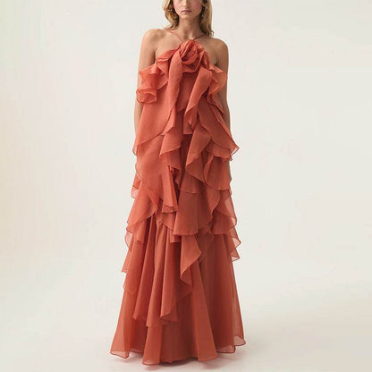 Elegant Lady Patchwork Ruffled Dress - Long Flattering Design for Socialites - Buy Center