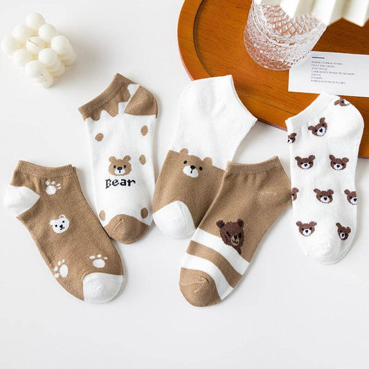 Cute Brown Bear Low-Cut Women's Socks - 5 Pairs of Fun Style - Buy Center