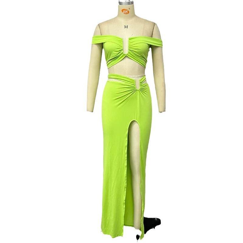 Women's Long Skirt Two-Piece Set in Yellow Green - Stylish & Trendy - Buy Center