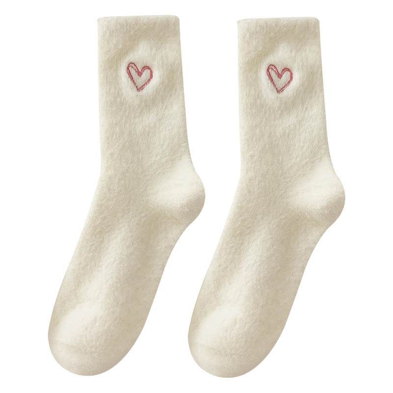 Women's Love Embroidered Plush Socks - Cozy Mink Fur, Non-Slip Design - Buy Center