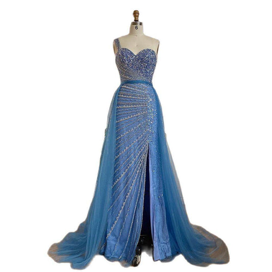 Blue Handmade Beaded Fishtail Dress - Elegant Split Shoulder Evening Wear - Buy Center