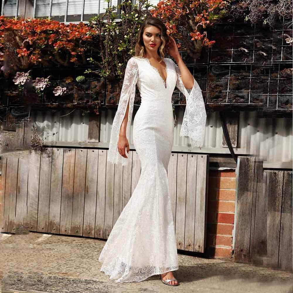 Elegant White Banquet Dress - Slimming Design with Trendy Flying Sleeves - Buy Center