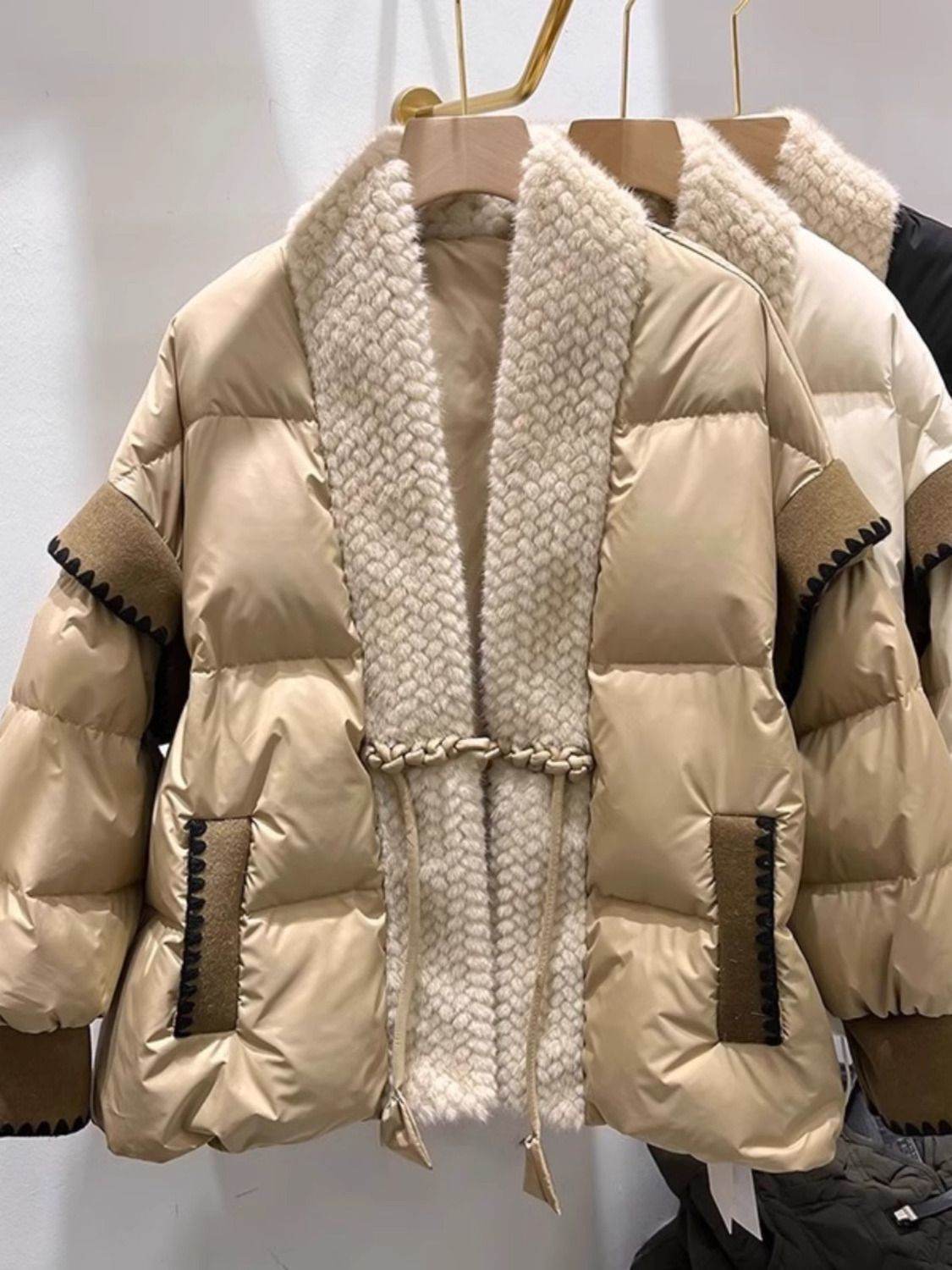 Stylish V-Neck Furry Down Jacket - Padded Winter Coat for Women - Buy Center