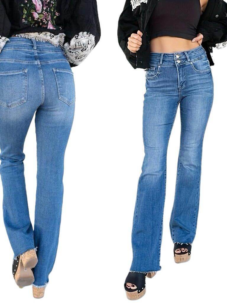 Buycenter Women's High Waist Jeans - Straight Leg, Double Button Design - Buy Center