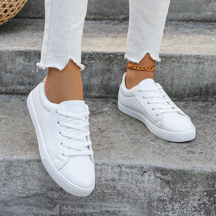 Buycenter Women's Lace-Up Sneakers - Casual White Flats in Plus Sizes - Buy Center