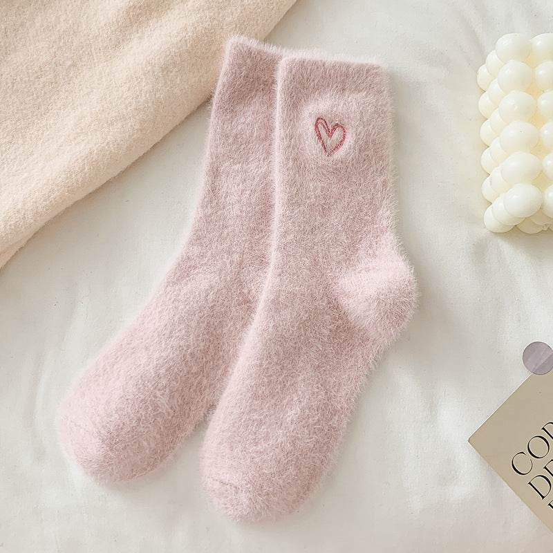 Women's Love Embroidered Plush Socks - Cozy Mink Fur, Non-Slip Design - Buy Center