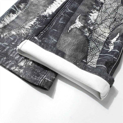 Men's Dark Digital Print Horn Jeans - Stylish Cotton Blend for Comfort