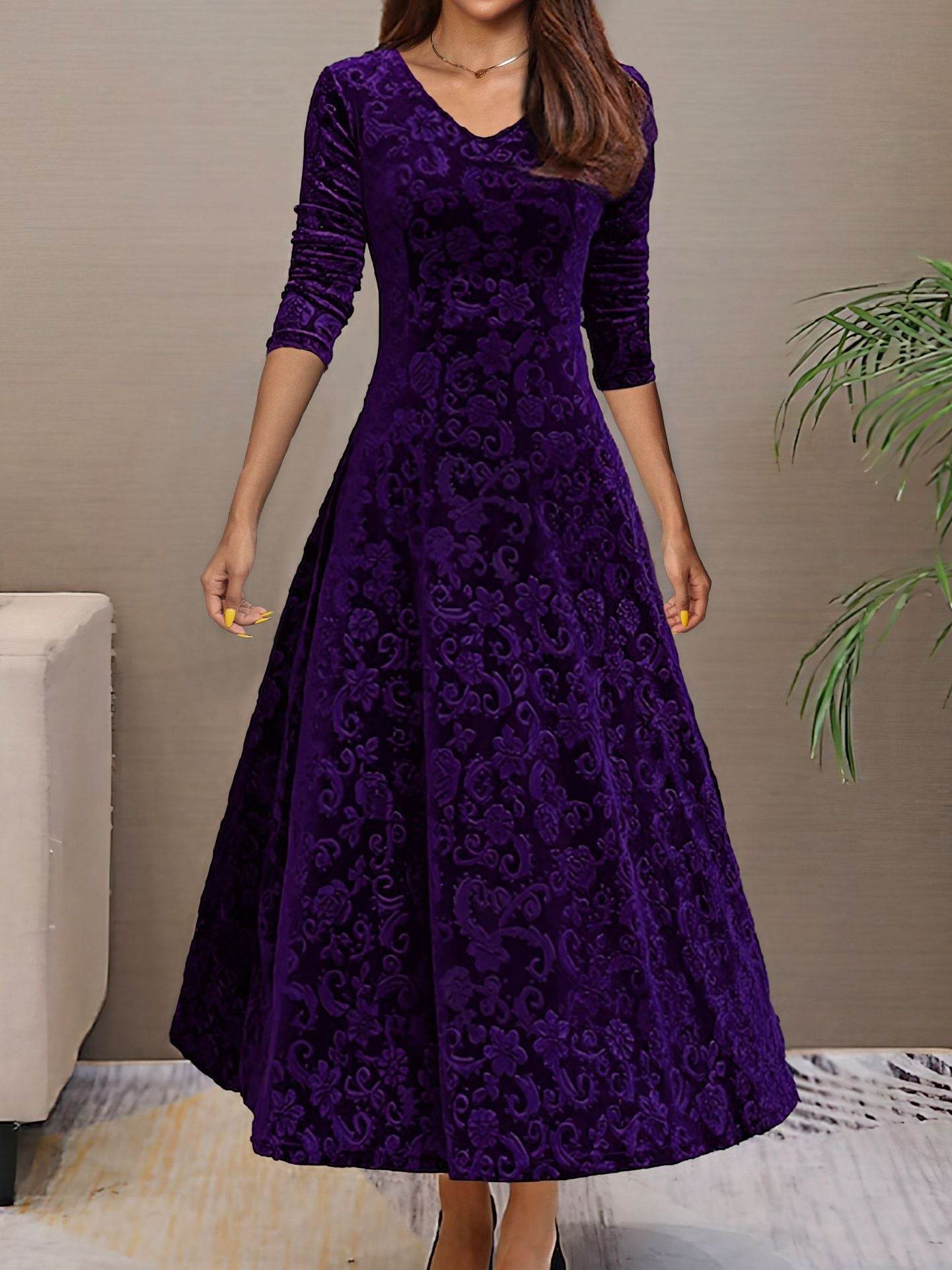 Buycenter Women's Mid-Length Velvet Dress - A-Line, Solid Colors Available - Buy Center