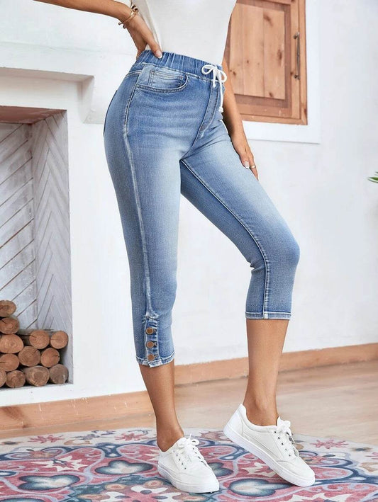 Buycenter Women's Stretch Jeans - Elastic Waistband & Lace-up Design - Buy Center