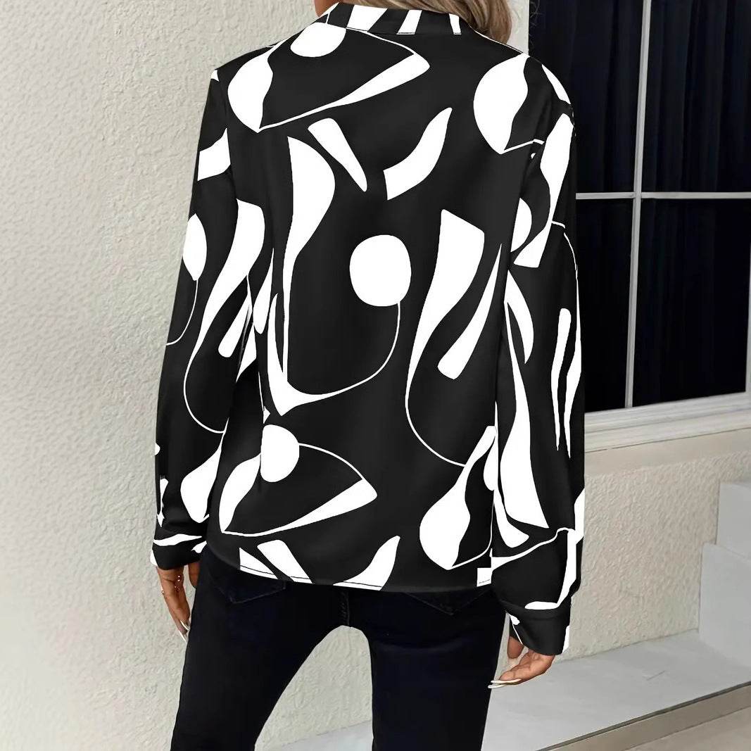 Buycenter Women's Notched Collar Long Sleeve Shirt - Printed Blouse - Buy Center