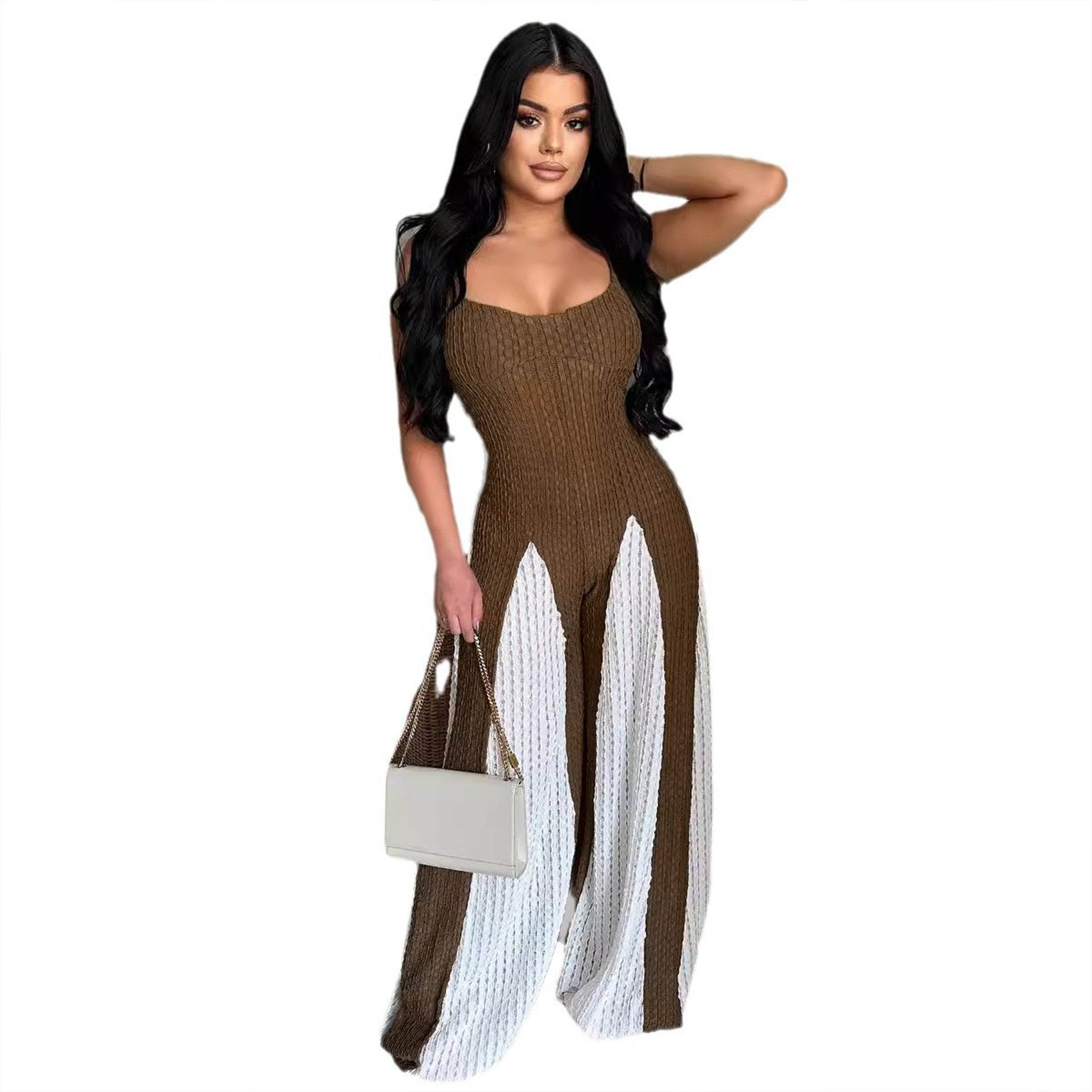 Trendy Wide Leg Knitted Jumpsuit - Sexy Cutout Design & Contrast Colors - Buy Center