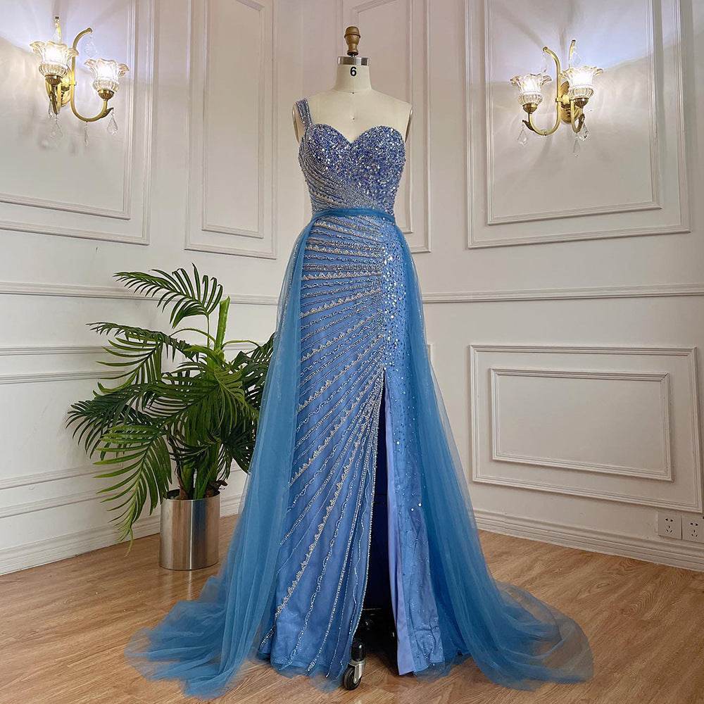 Blue Handmade Beaded Fishtail Dress - Elegant Split Shoulder Evening Wear - Buy Center