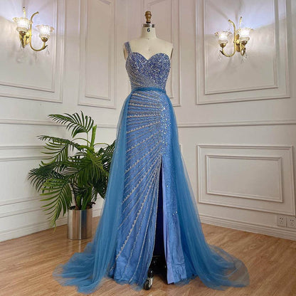 Blue Handmade Beaded Fishtail Dress - Elegant Split Shoulder Evening Wear - Buy Center