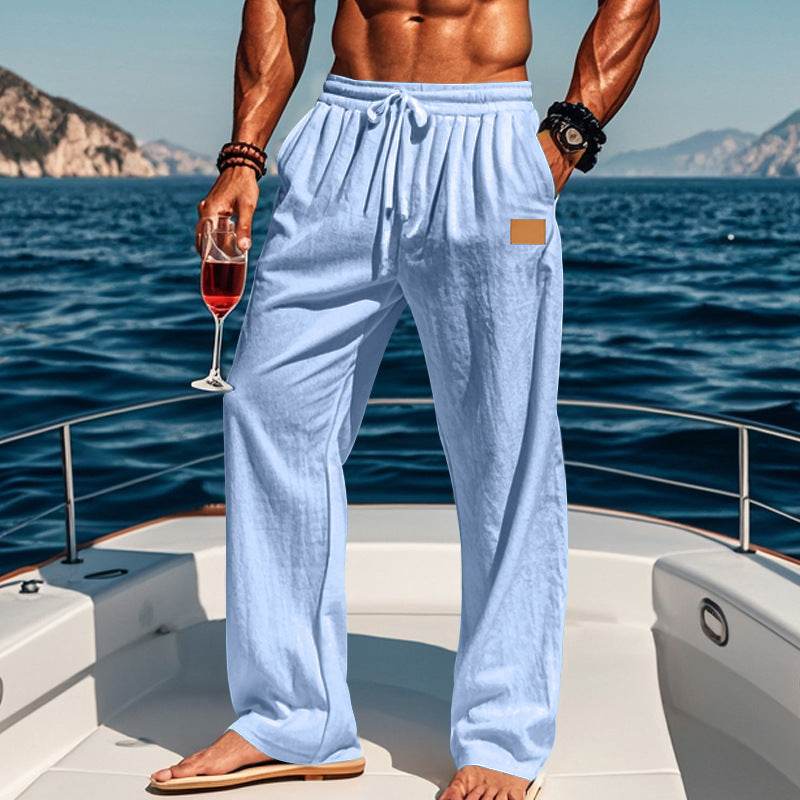 Buycenter Men's Cotton Linen Drawstring Pants - Casual Straight Leg Style - Buy Center