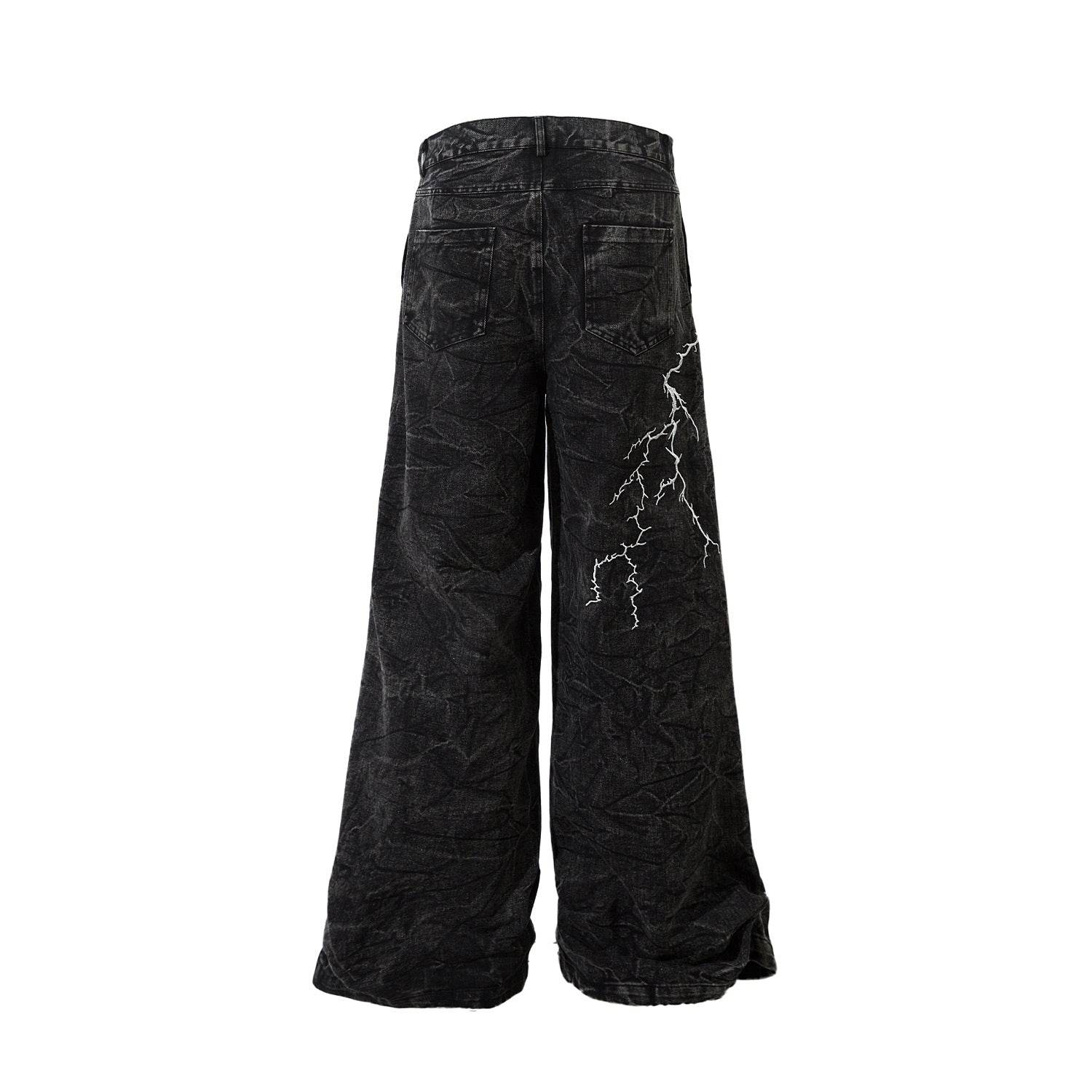 Retro Heavy Industry Loose Jeans - Lightning Embroidery Casual Style - Buy Center