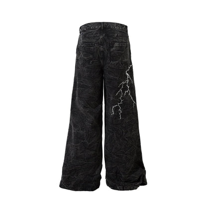 Retro Heavy Industry Loose Jeans - Lightning Embroidery Casual Style - Buy Center