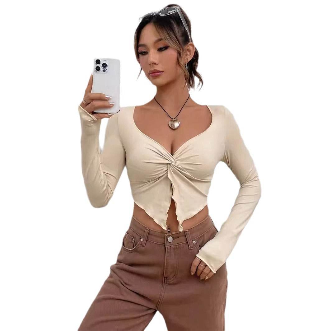 Slim-Fit Front Twist Long Sleeve T-Shirt for Women - Stylish 2025 Essential - Buy Center