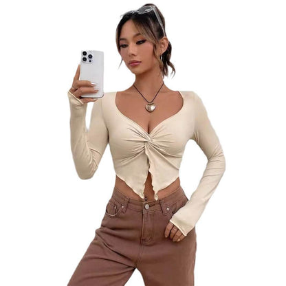 Slim-Fit Front Twist Long Sleeve T-Shirt for Women - Stylish 2025 Essential - Buy Center