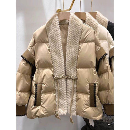 Stylish V-Neck Furry Down Jacket - Padded Winter Coat for Women - Buy Center