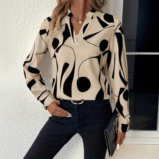 Buycenter Women's Notched Collar Long Sleeve Shirt - Printed Blouse - Buy Center