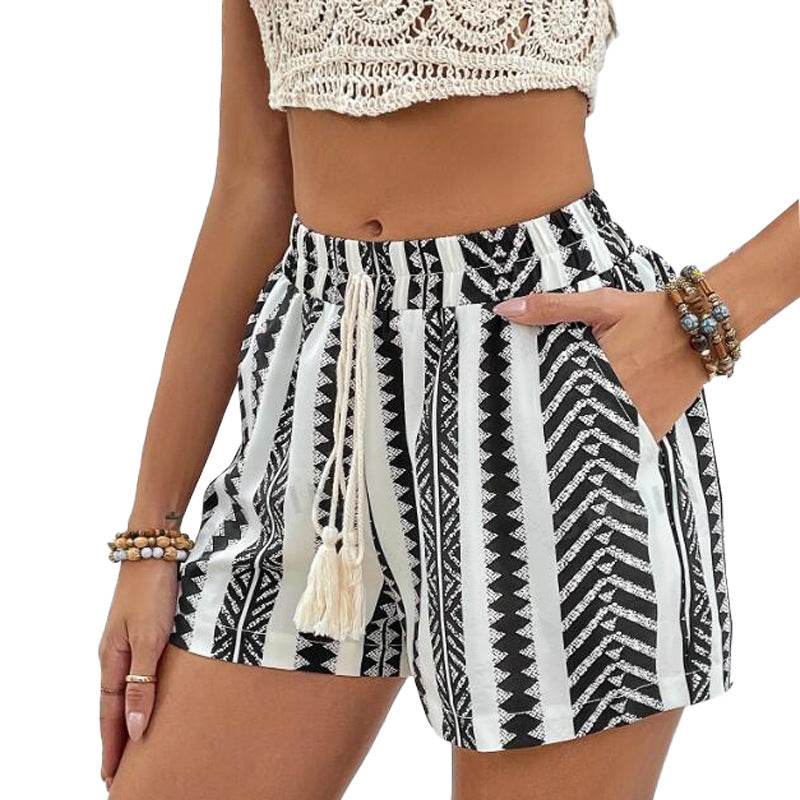 Women's Elegant Lace-up Shorts - Chic Black & White Fashion Statement - Buy Center