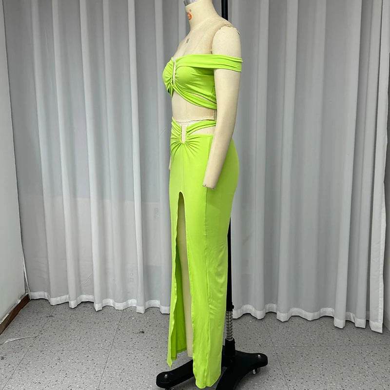 Women's Long Skirt Two-Piece Set in Yellow Green - Stylish & Trendy - Buy Center