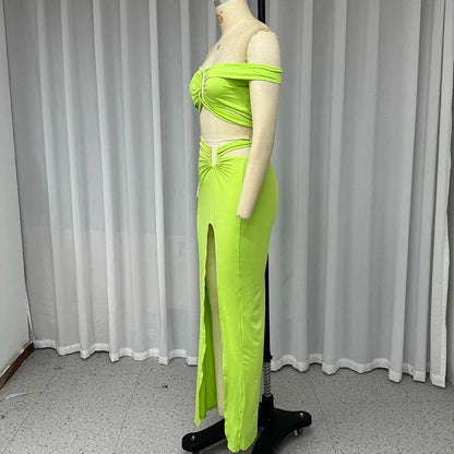 Women's Long Skirt Two-Piece Set in Yellow Green - Stylish & Trendy - Buy Center
