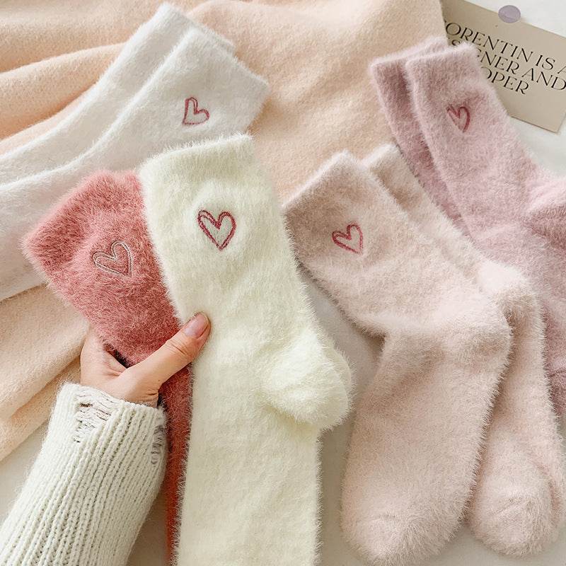 Women's Love Embroidered Plush Socks - Cozy Mink Fur, Non-Slip Design - Buy Center