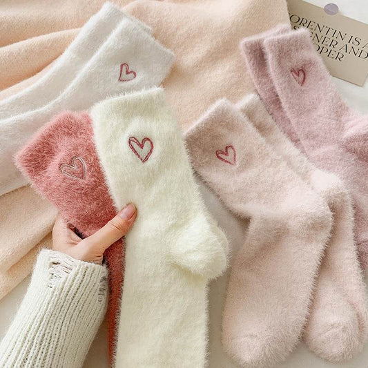 Women's Love Embroidered Plush Socks - Cozy Mink Fur, Non-Slip Design - Buy Center