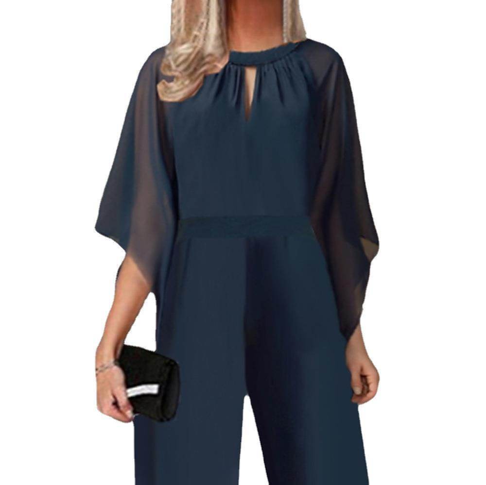 Elegant Women's Short-Sleeved Jumpsuit - High Waist Romper in Dark Blue - Buy Center