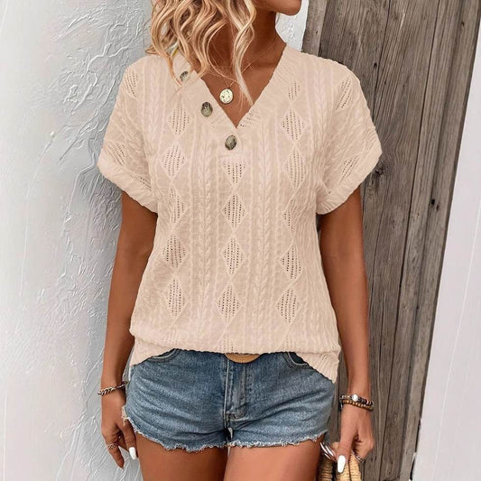Spring & Summer V-Neck Jacquard Top - Trendy Button Blouse for 2025 - Buy Center