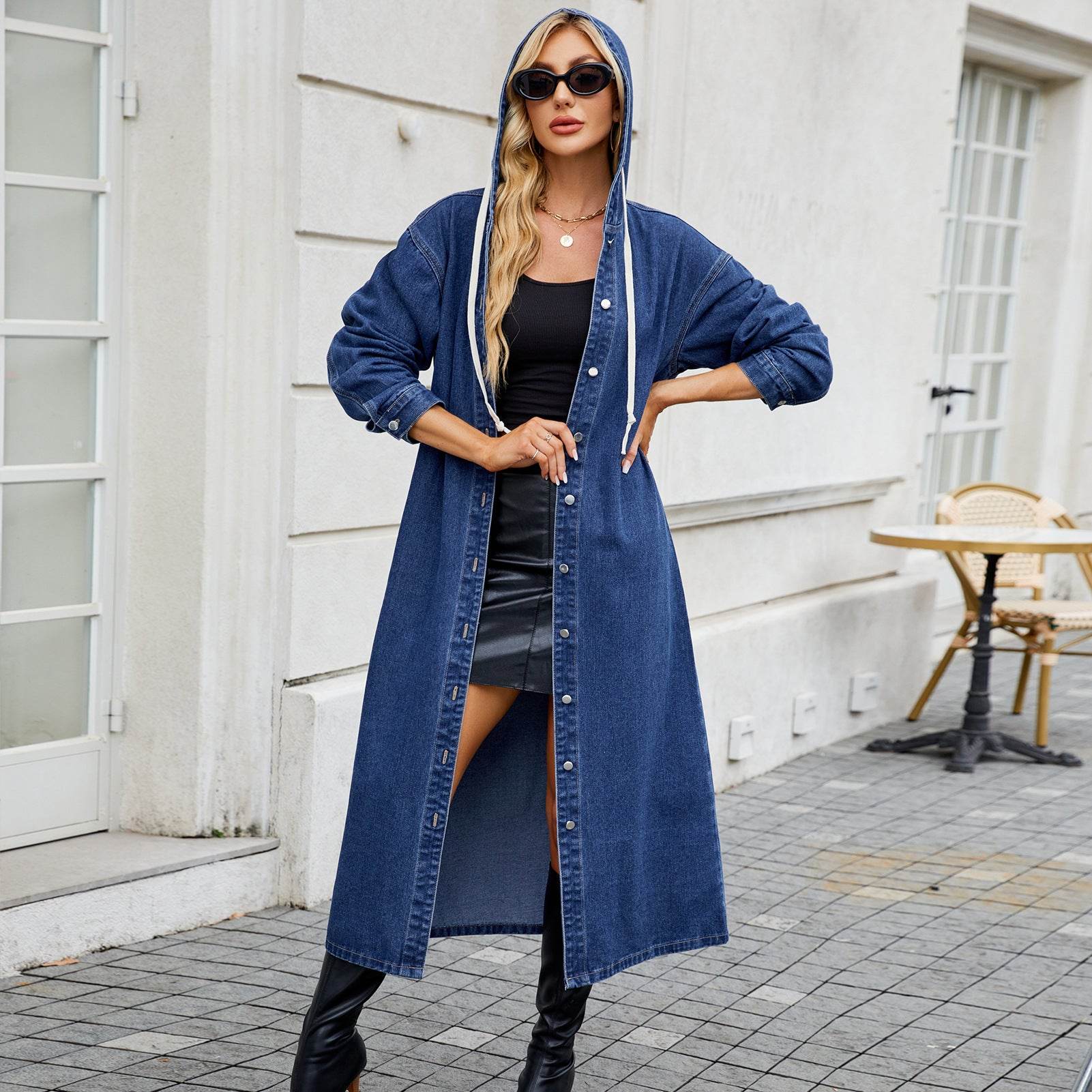 Buycenter Women's Washed Hooded Denim Coat - Long Loose Fit, Blue - Buy Center
