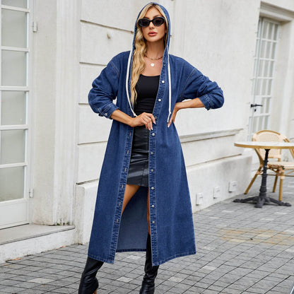 Buycenter Women's Washed Hooded Denim Coat - Long Loose Fit, Blue - Buy Center