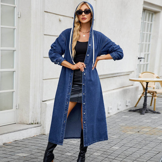 Buycenter Women's Washed Hooded Denim Coat - Long Loose Fit, Blue - Buy Center