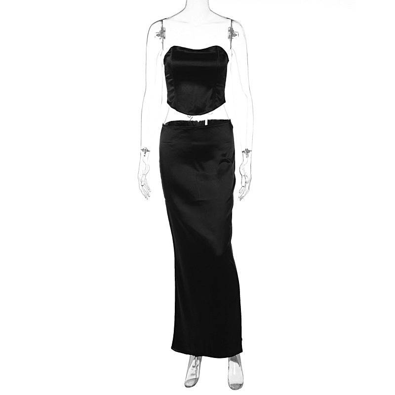 Buycenter Solid Color Lace-Up Bandeau Dress Suit - Sleek Mid-Length Style - Buy Center