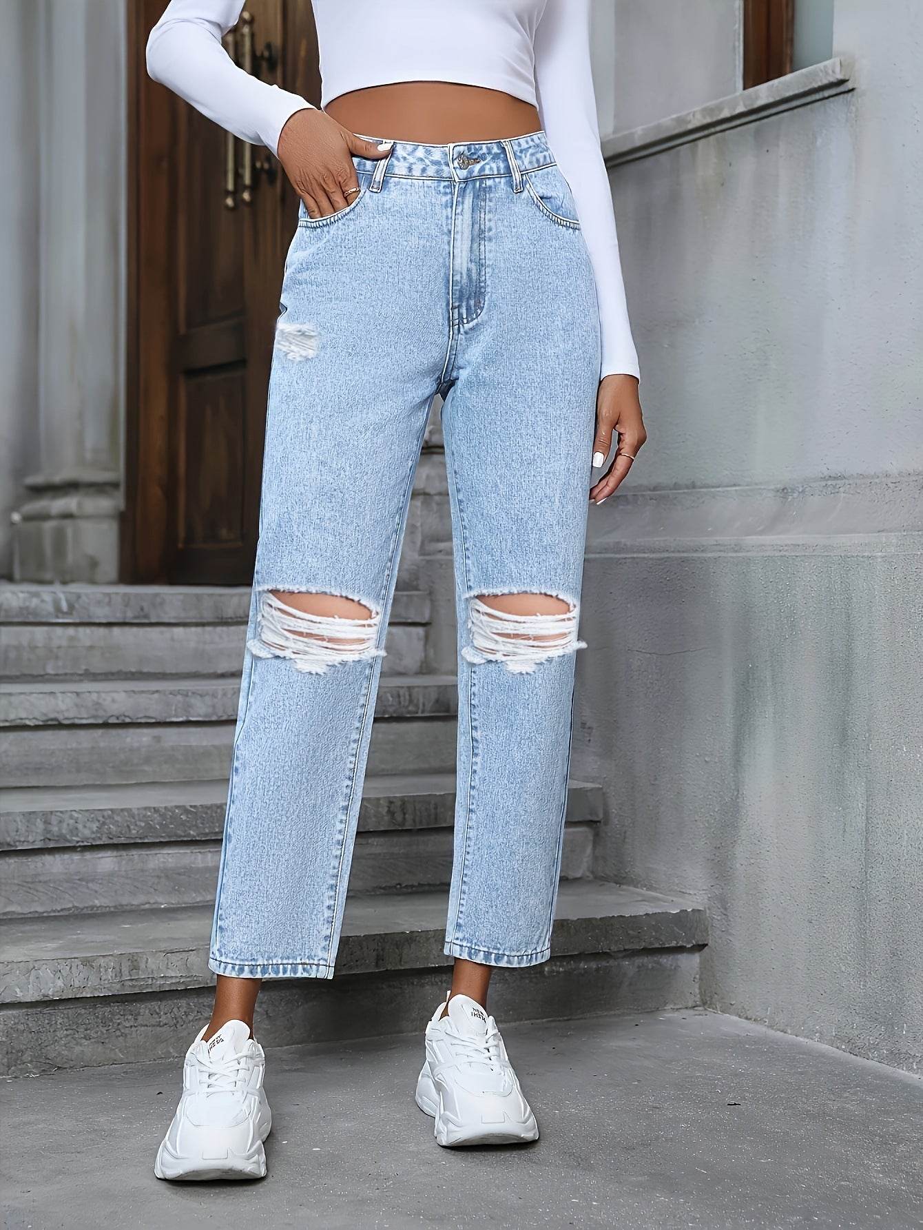 Women's Ripped Denim Trousers - Casual Loose Fit for Everyday Style - Buy Center